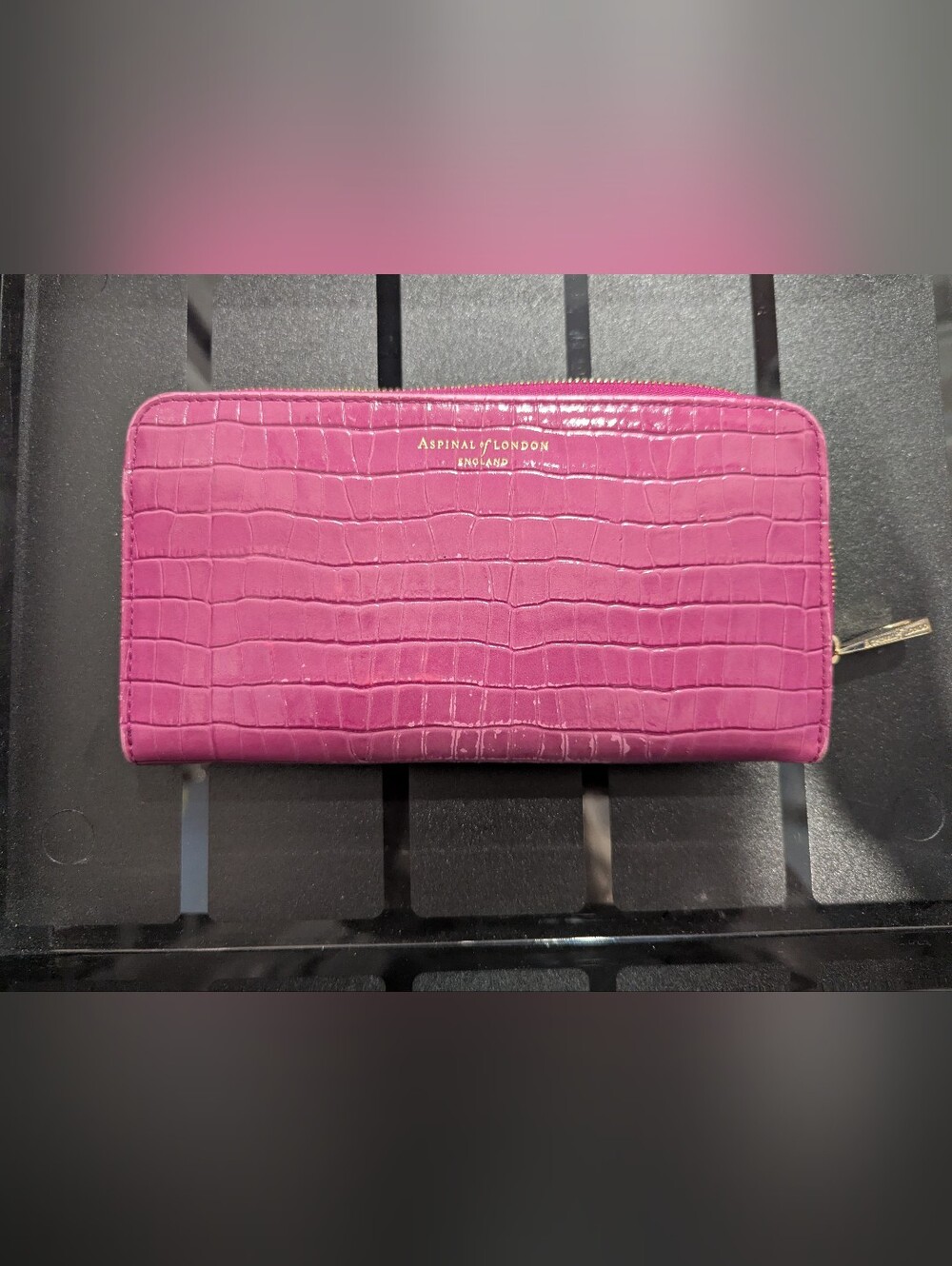 Aspinal of London Continental Zip Around Wallet - Pink Croc Patent Leather